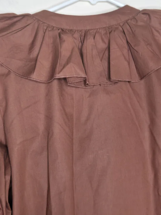 Mille Ruffle Front Puff Sleeve V-neck Romantic Top Brown Blouse - Picture 8 of 8